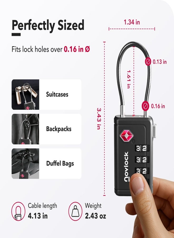 NovLock TSA Approved Luggage Locks | Inspection Indicator, 4-Digit Combination, Durable Zinc Alloy | for Suitcases, Backpacks, Travel Bags | Black, 4-Pack - Image 2
